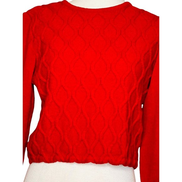 St. John Vintage Crop Waffle Knit Sweater Ribbed Cuffs, St. John Gold Metal Logo - Picture 2 of 10